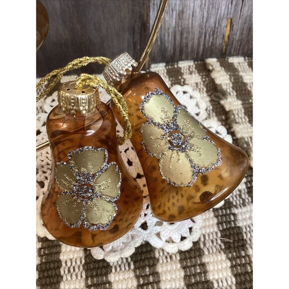 Vintage Blown Glass Bell Christmas Ornaments West Germany Brown & Gold Glitter - Picture 5 of 16